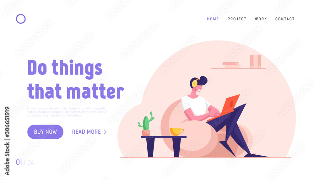 Remote Freelance Work Website Landing Page. Man Freelancer Wearing Headset Sitting in Comfortable Armchair Working Distant on Laptop. Creative Employee Web Page Banner Cartoon Flat Vector Illustration