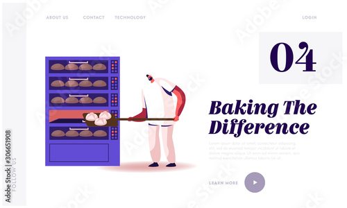 Bakery Factory and Food Production Website Landing Page. Baker Character Put Raw Bread Loafs to Oven for Baking. Worker on Confectionery Manufacture Web Page Banner. Cartoon Flat Vector Illustration