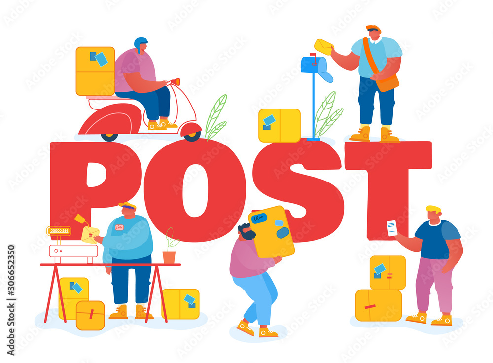 People in Post Office Concept. Postmen Deliver Letters and Parcels