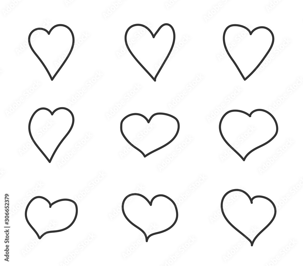 Hearts outline vector icons. Hand drawn line heart shapes vector illustration for web, mobile app, ui design and printing. Valentine day icons. Love and relationships concept