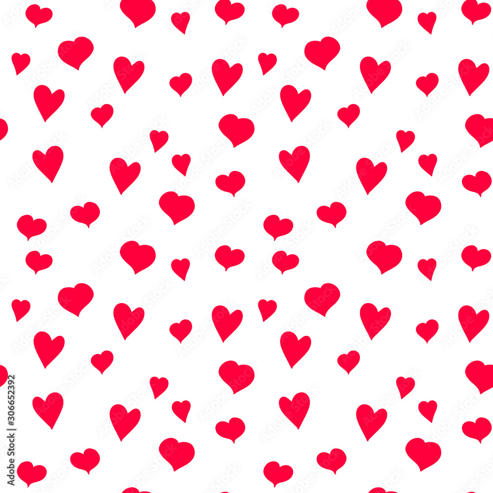 Valentines day vector seamless pattern with red hearts. Hand drawn red hearts on white background for print pattern on packaging, wrapper, box, cards. Valentines day, love and relationships concept