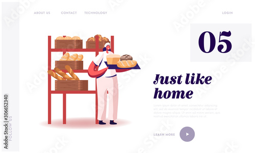 Pastry and Baked Food Production Manufacture Website Landing Page. Woman Baker in Sterile Uniform and Hat Holding Tray with Various Fresh Baked Bread Web Page Banner. Cartoon Flat Vector Illustration