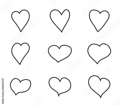 Hearts outline vector icons. Hand drawn line heart shapes vector illustration for web, mobile app, ui design and printing. Valentine day icons. Love and relationships concept