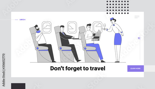 Airplane Crew and Passengers in Plane Website Landing Page. Stewardess Giving Drink to People Sitting on Chairs in Economy Class of Aircraft Web Page Banner. Cartoon Flat Vector Illustration, Line Art