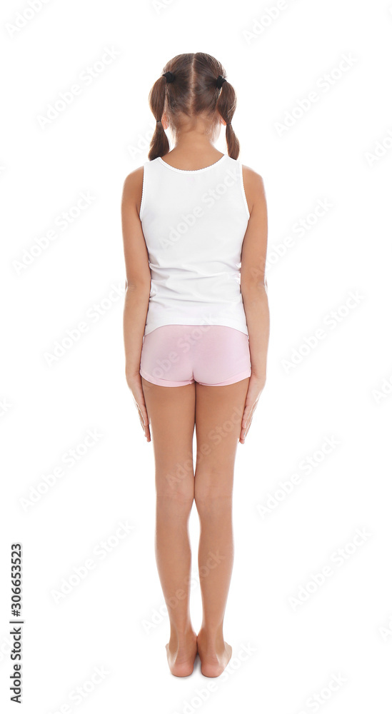 Little girl in underwear on white background, back view Little girl in underwear on white background, back view