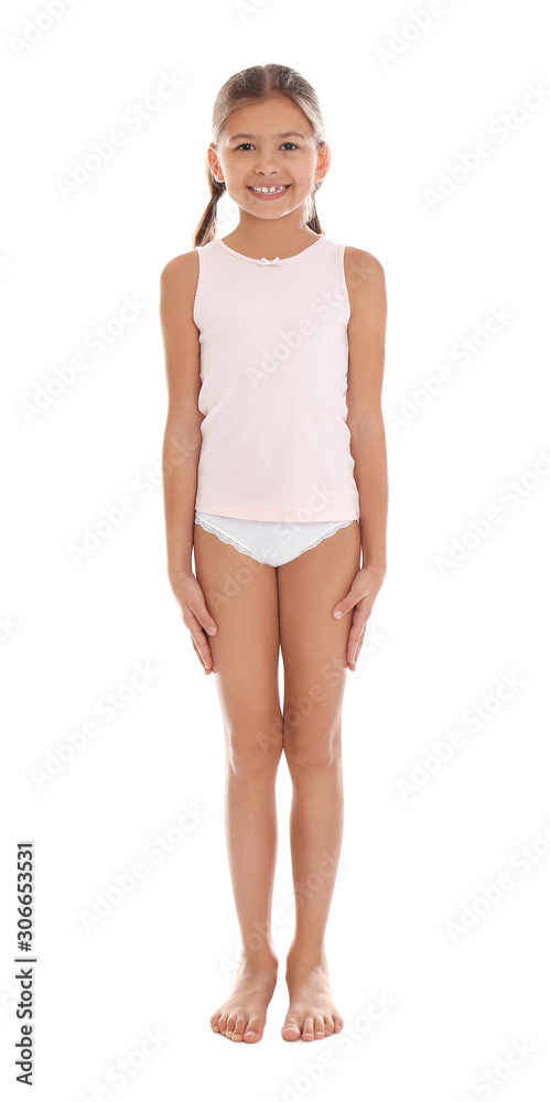 Foto de Cute little girl in underwear on white background do Stock