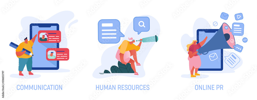 Communication, Human Resources, Online Pr Set Isolated on White Background. People Using Gadgets and Smart Technologies in Social Media Promotion Services and Research Cartoon Flat Vector Illustration Communication, Human Resources, Online Pr Set Isolated on White Background. People Using Gadgets and Smart Technologies in Social Media Promotion Services and Research Cartoon Flat Vector Illustration