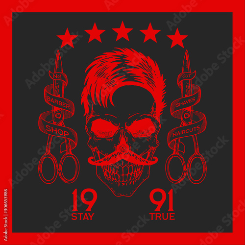 Vintage, hipster skull barbershop logo in old style, vector.