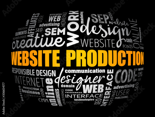 Website production process word cloud, technology concept background