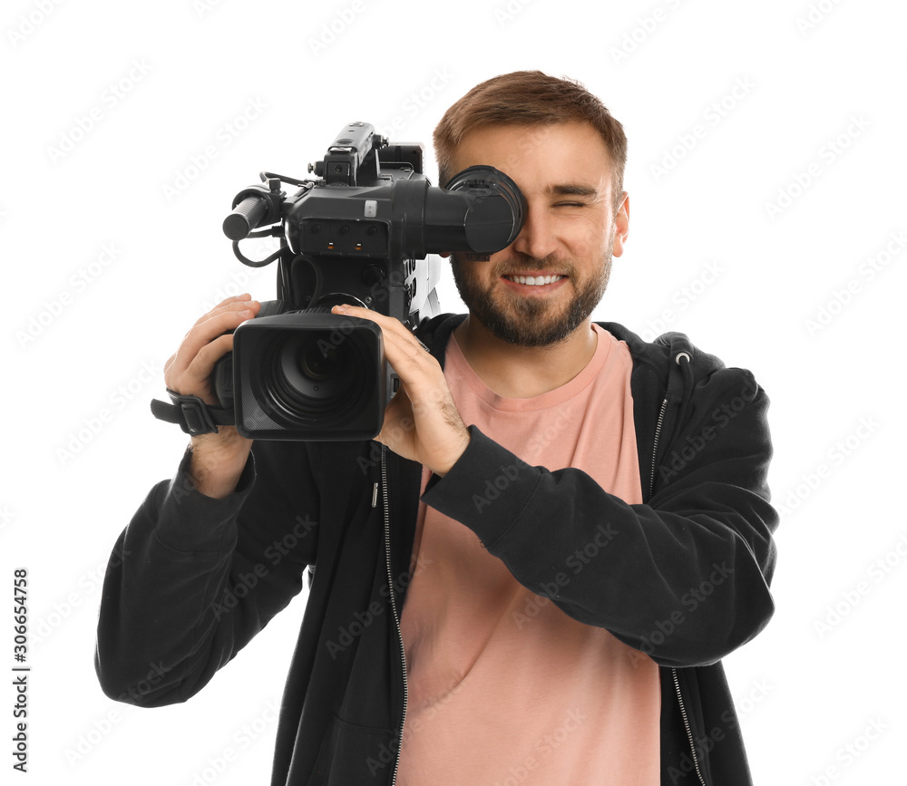 Operator with professional video camera on white background