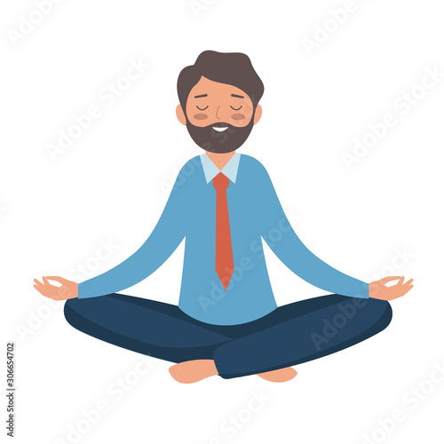 A man in a shirt and tie meditates. The Manager sits with his eyes closed in the Lotus position
