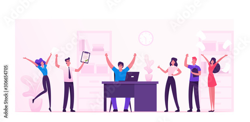 Businesspeople Celebrate Project Development and Reach Target in Office. Company Teamwork Collaboration of People Work Together. Business Process Workflow Management Cartoon Flat Vector Illustration