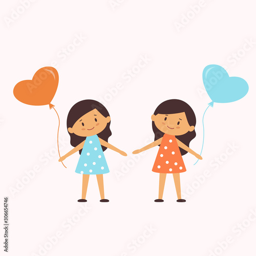 Two little girls with balloons. Children's holiday. Cute funny characters.