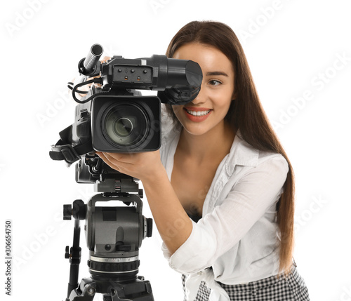 Operator with professional video camera on white background