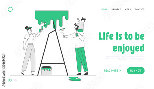 Young Family Make Repair at Home Website Landing Page. Father, Mother and Little Daughter Coloring Wall with Paint Rollers. House Renovation Web Page Banner. Cartoon Flat Vector Illustration, Line Art
