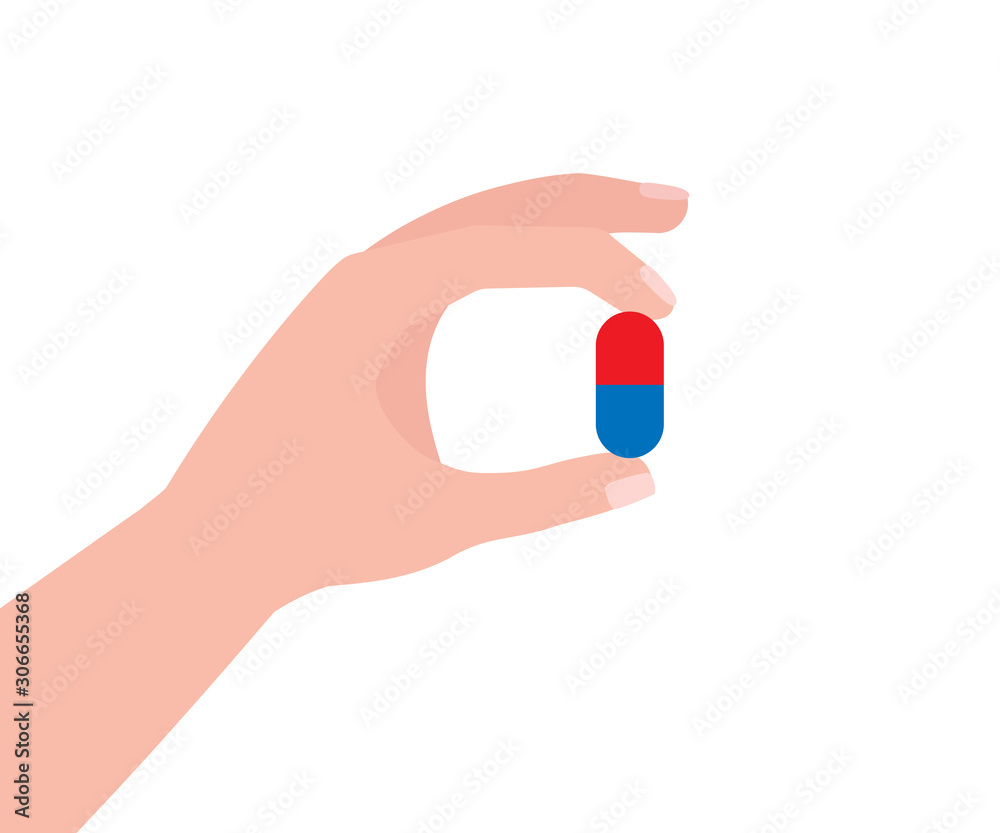 Human hand holds drug. Pill, capsule, medication, medicine, disease treatment, health. Vector flat illustration isolated on white background.