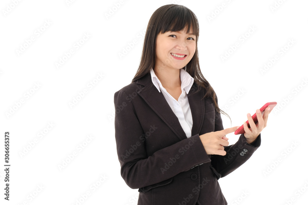 Young asian business woman portrait in black suit with long hair standing and use a mobile phone and look at camera on white background. studio isolated. Intelligent and confident people Young asian business woman portrait in black suit with long hair standing and use a mobile phone and look at camera on white background. studio isolated. Intelligent and confident people
