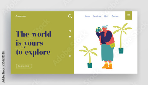Senior Tourist Making Pictures on Photo Camera in Exotic Country Website Landing Page. Old Woman Traveling Excursion in Foreign Journey. Travel Agency Web Page Banner. Cartoon Flat Vector Illustration