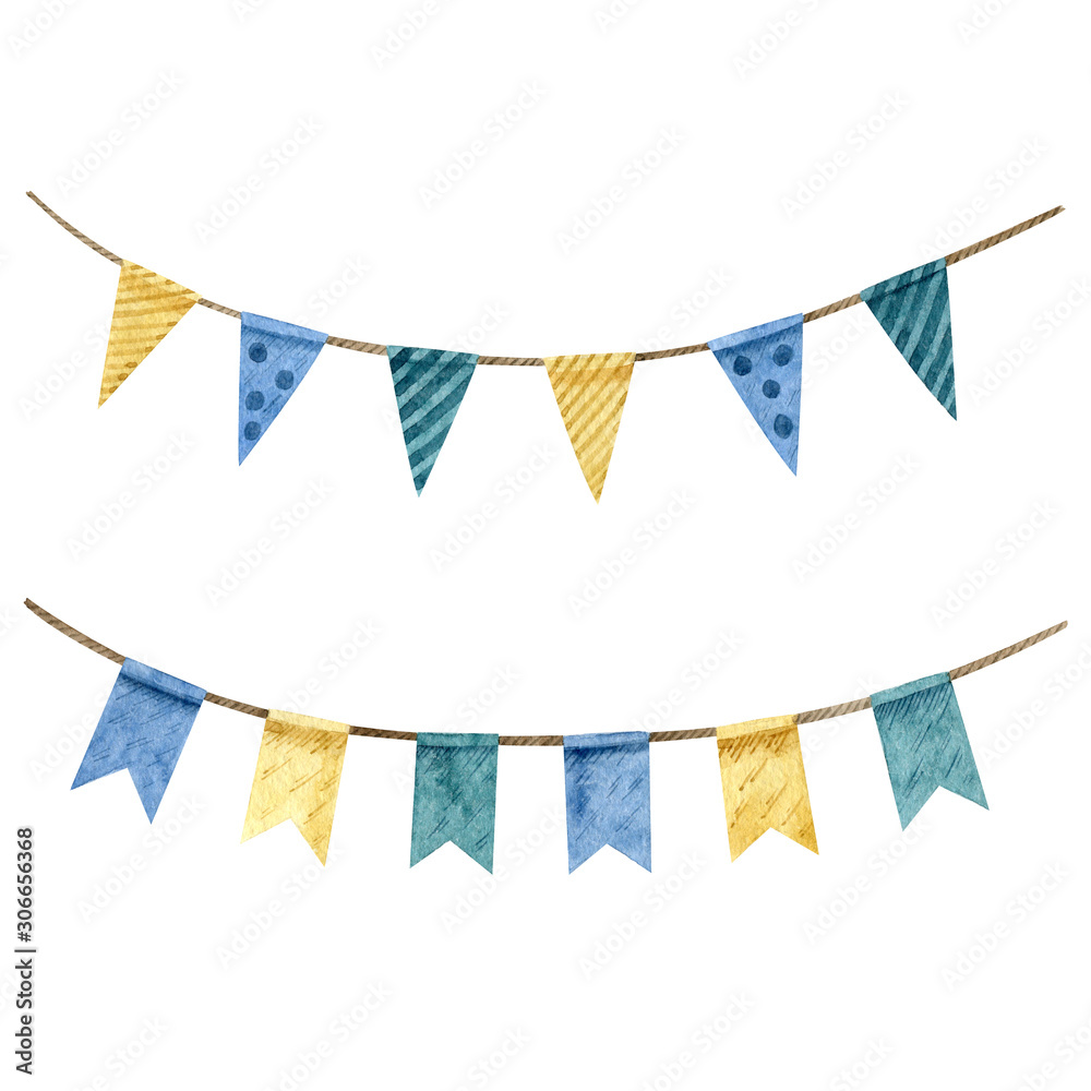 Two watercolor garlands with flags isolated on white background. Happy birthday, baby shower celebration concept.  Hand drawn clipart for greeting card, invitations, banners. Handmade illustration. - obrazy, fototapety, plakaty 