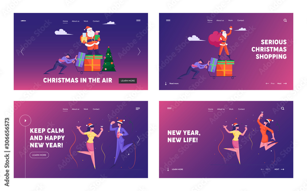 Fototapeta premium Corporate Party Website Landing Page Set. Web Page Banner. Businessman Push Trolley with Santa Holding Sack with Presents and Waving Hand. Business Colleagues Dancing Cartoon Flat Vector Illustration