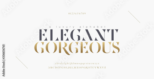 Naklejka Elegant alphabet letters font and number. Classic Copper Lettering Minimal Fashion Designs. Typography fonts regular uppercase and lowercase. vector illustration