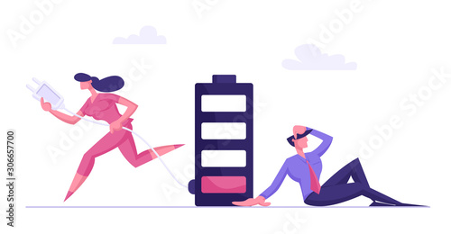 Businesswoman Carry Charger Wire with Plug to Put in Socket for Charging Huge Battery with Low Energy Percent. Tired and Unhappy Businessman Sitting near Accumulator. Cartoon Flat Vector Illustration