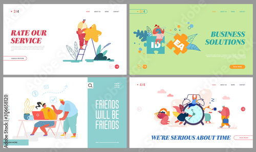 Rating Service, Creative Idea, Office Work, Time Management Website Landing Page Set. Man on Ladder Hold Gold Star, Woman Set Up Puzzle, Alarm Clock Web Page Banner. Cartoon Flat Vector Illustration