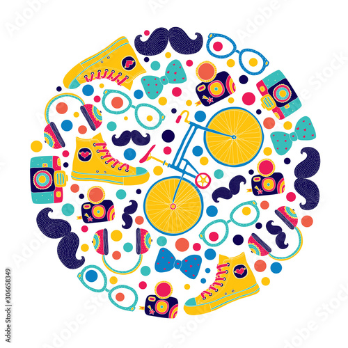 Cute hipsters vector illustration. Postcard.
