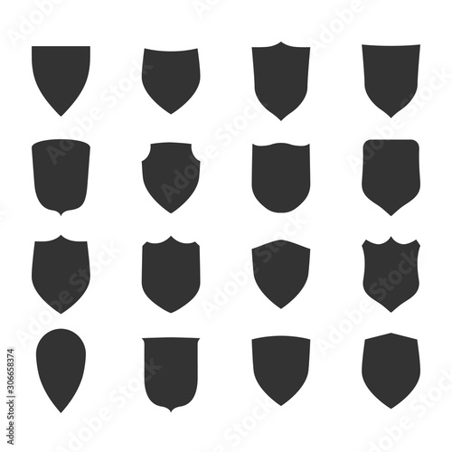 Shield shape icons set. Label signs isolated on white background. Symbol of protection, arms, security, safety. Flat retro style design. Element vintage heraldic emblem Vector illustration