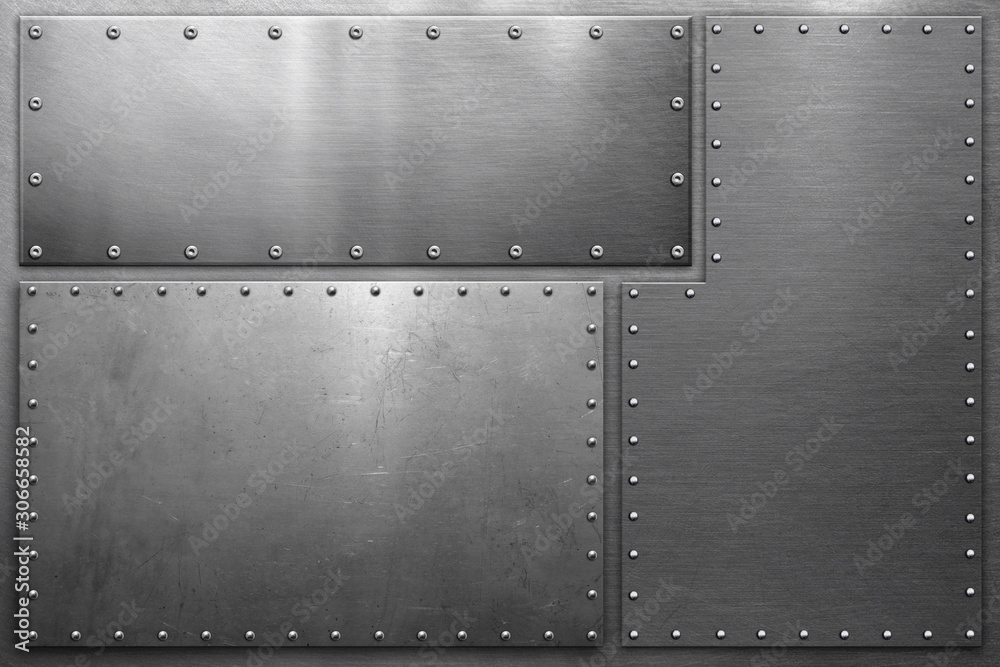 Metal plates with rivets on steel background - obrazy, fototapety, plakaty 