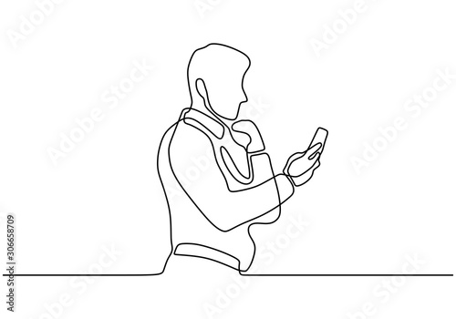 Continuous one line drawing of businessman talking and check the mobile phone or smartphone
