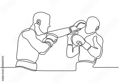 Two fighters of boxing player or boxer one continuous line drawing. Sport game vector minimalism design.