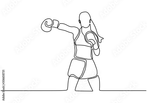 Continuous one line drawing of woman boxer athlete. Sport game vector minimalism design.