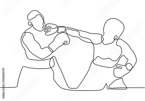 Two fighters of boxing player or boxer one continuous line drawing. Sport game vector minimalism design.