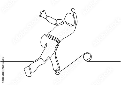 Person throwing a bowling ball to make a strike continuous one line drawing. Vector sport game player.