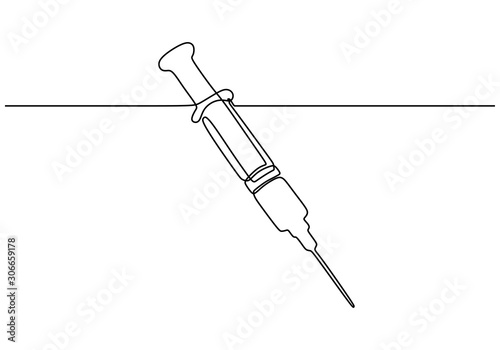 Continuous one line drawing of syringe with needle vector. Medical equipment or tools illustration hand drawn.