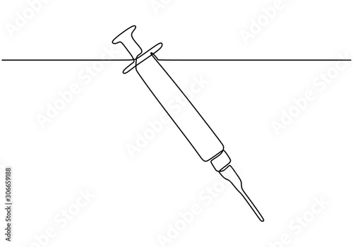 Continuous one line drawing of needle with syringe vector. Medical equipment and tools theme design isolated on white background minimalism style.