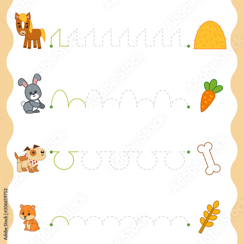 Trace the dotted lines from animals to food. Connect the dots, education game for children