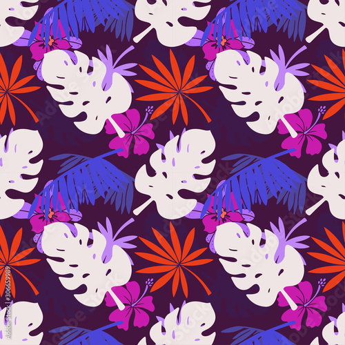 Seamless pattern with hibiscus flowers, palm tree leaves, branches