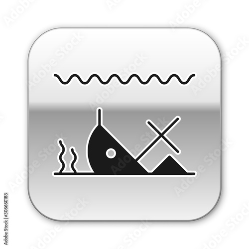 Black Sunken ship at the bottom of the sea icon isolated on white background. Silver square button. Vector Illustration
