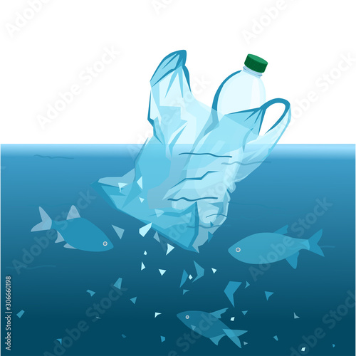 plastic pollution. microplastic disaster. planet with plastic, non-degradable debris. cellophane bag in the ocean. World Environment Day, planet day, rejection of plastic. vector illustration.