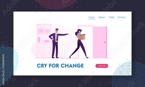 Angry Male Boss Shouting Scolding Firing Female Worker Website Landing Page. Stressed Employee Suffering from Discrimination or Criticism in Office Web Page Banner. Cartoon Flat Vector Illustration