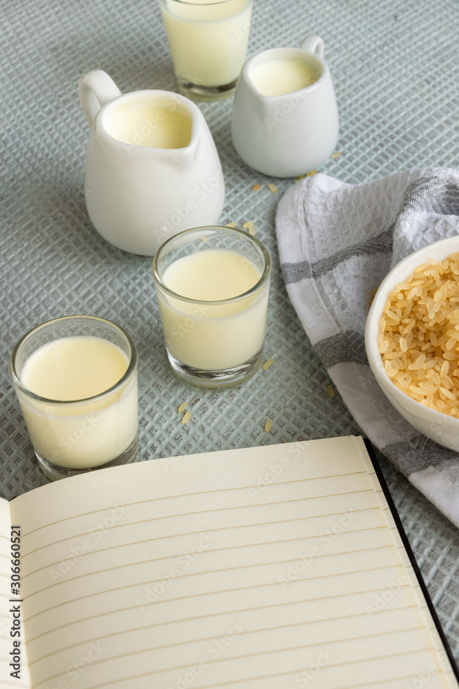 Fresh rice milk drink. Healthy nutritious vegetable milk. Homemade dairy themes