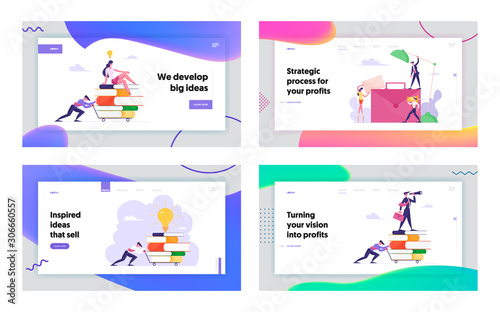 Way to Success, Office Work Cooperation, Business Vision and Education Website Landing Page Set. Man Pushing Trolley with Books, People at Briefcase Web Page Banner. Cartoon Flat Vector Illustration
