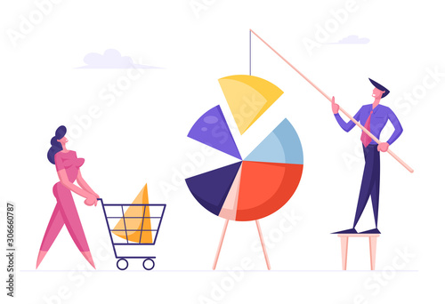 Business People Connecting Huge Pie Chart Elements. Team Partnership, Teamwork Cooperation Concept. Businesspeople Characters Set Up Separated Graph Construction. Cartoon Flat Vector Illustration