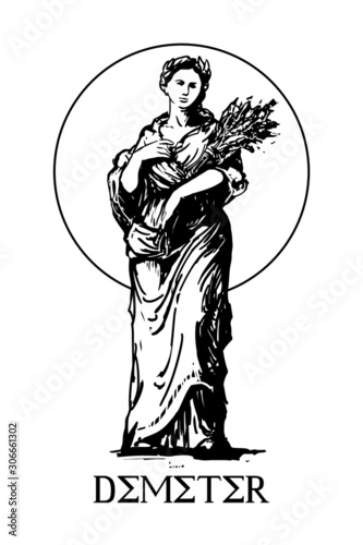 Demeter - the goddess of the harvest and agriculture in ancient Greek religion and mythology, woman with sheaf of grain in hands (vector black and white illustration) photo