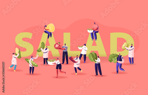 People with Ingredients for Cooking Salad Concept. Tiny Male and Female Characters Holding Huge Vegetables for Healthy Food Nutrition Poster Banner Flyer Brochure. Cartoon Flat Vector Illustration
