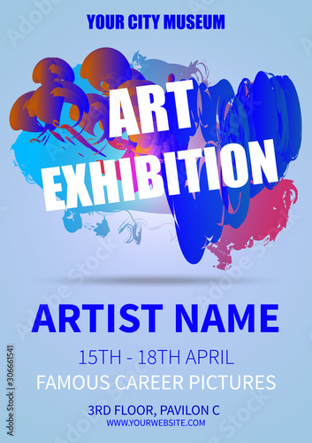 Abstract colorful splash vector flyer template of art exhibition in violet color