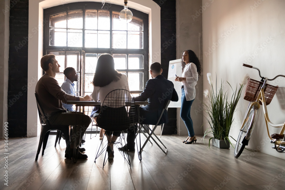 Motivated mixed race employee presenting project strategy. Motivated mixed race employee presenting project strategy.