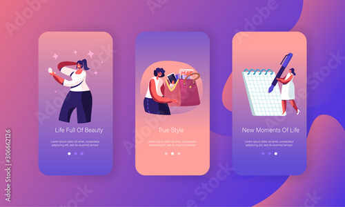 Woman Lifestyle and Ladies Stuff Mobile App Page Onboard Screen Set. Girl Holding Bag with Things, Look in Mirror, Write in Notepad Concept for Website or Web Page, Cartoon Flat Vector Illustration